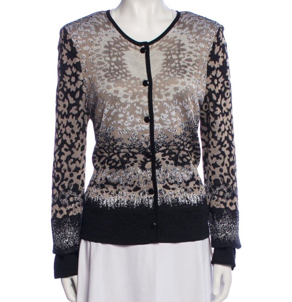 St John Yellow Label Animal Print Cardigan Wool Blend Black Snap Button Medium